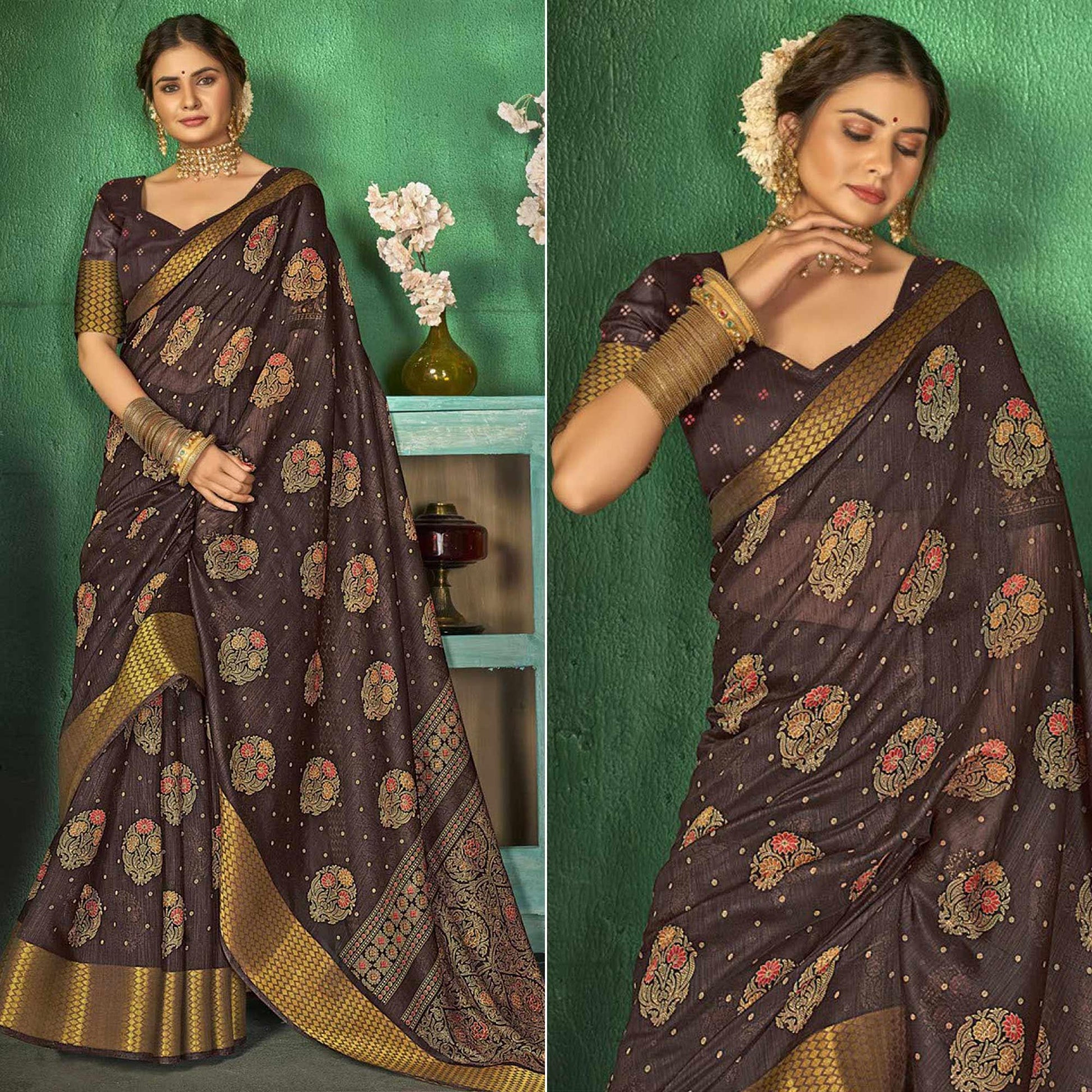 Brown Festive Wear Floral Digital Printed Cotton Saree