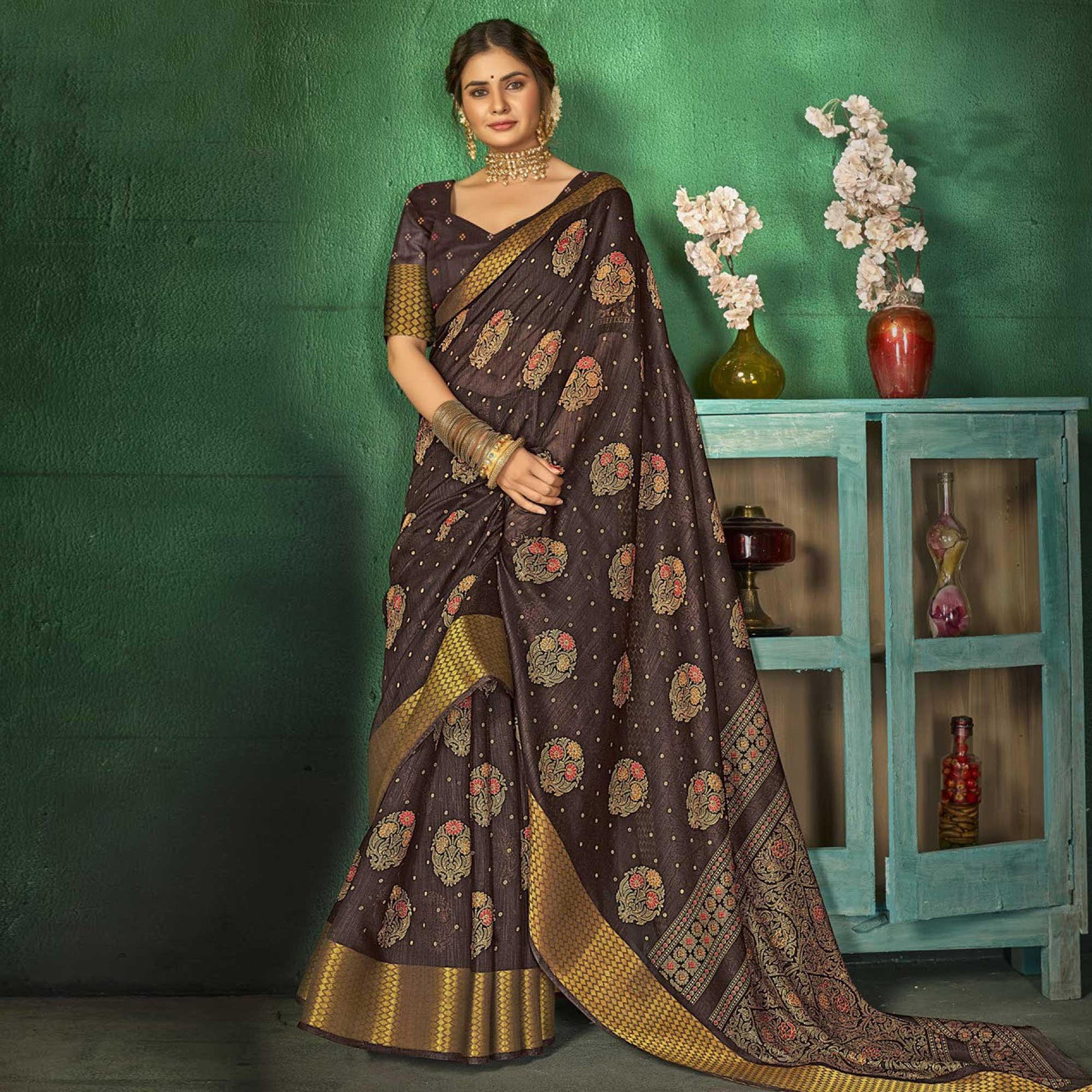 Brown Festive Wear Floral Digital Printed Cotton Saree