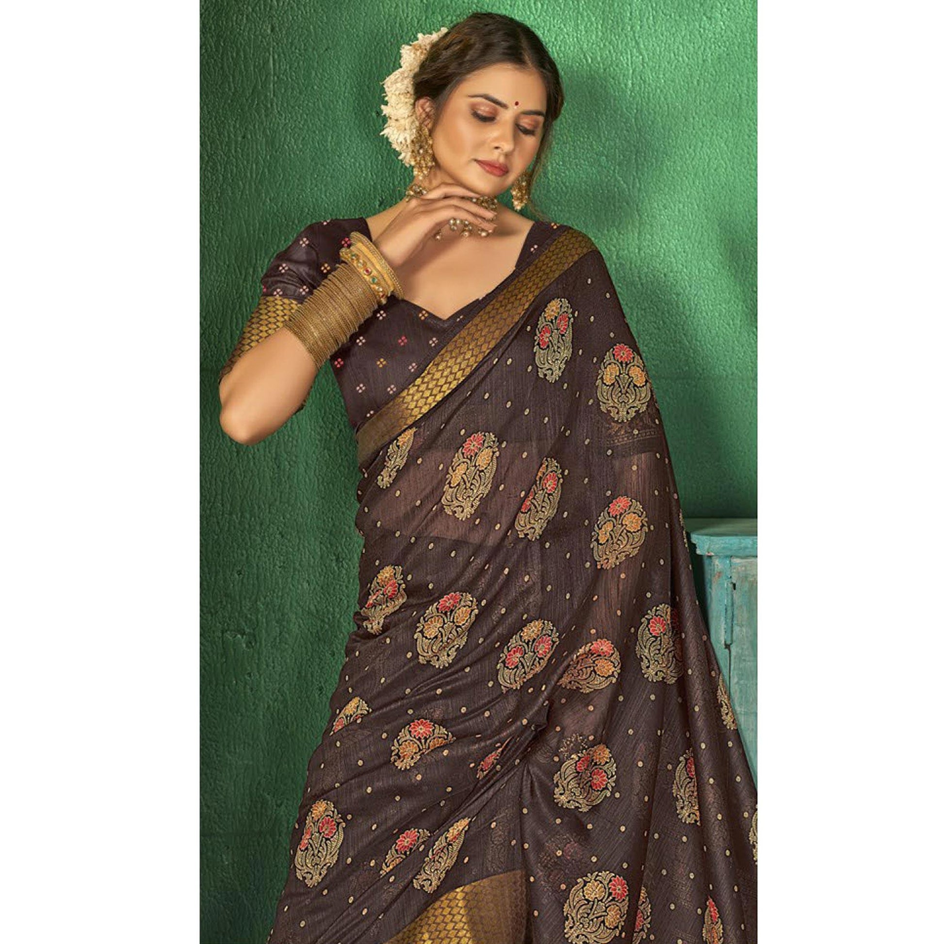 Brown Festive Wear Floral Digital Printed Cotton Saree