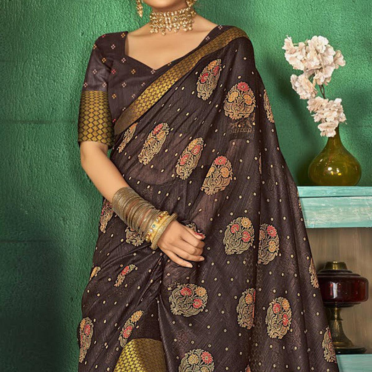 Brown Festive Wear Floral Digital Printed Cotton Saree