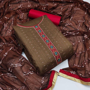 Brown Festive Wear Floral Embroidered Cotton Dress Material