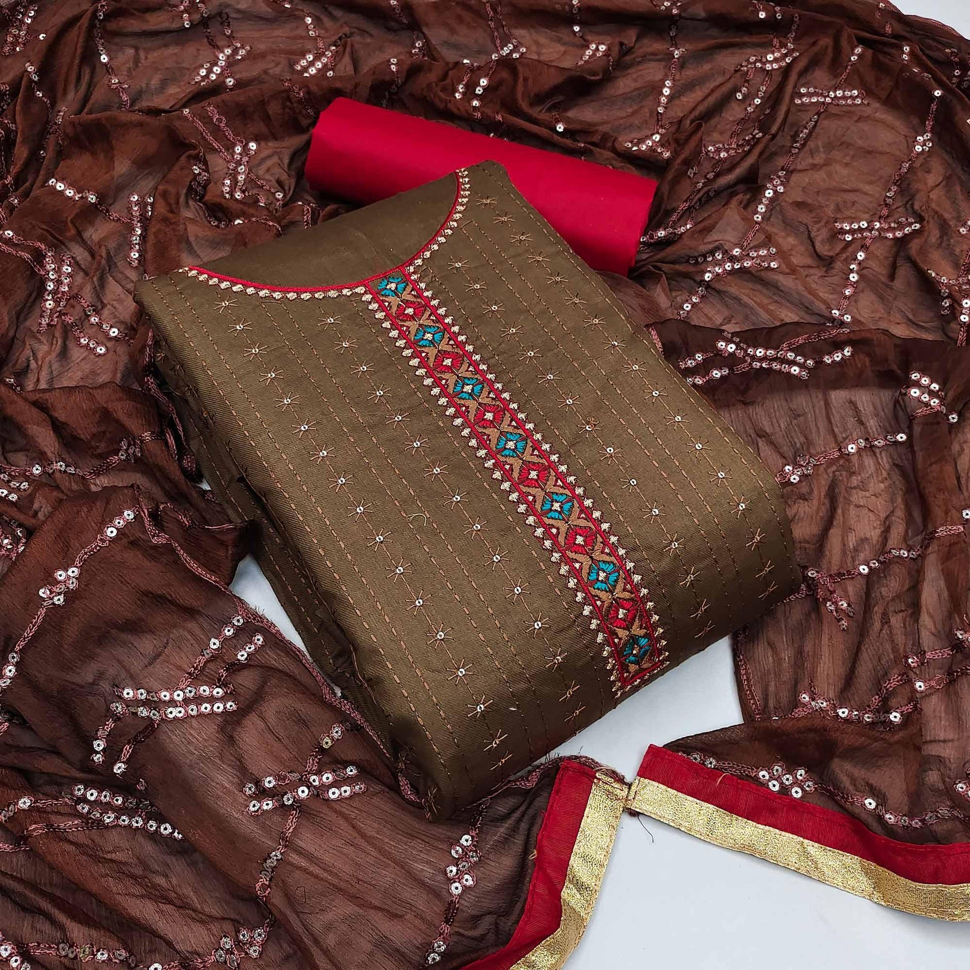 Brown Festive Wear Floral Embroidered Cotton Dress Material