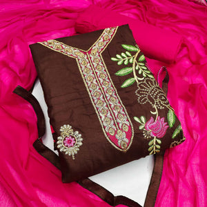 Brown Festive Wear Floral Embroidered Cotton Dress Material