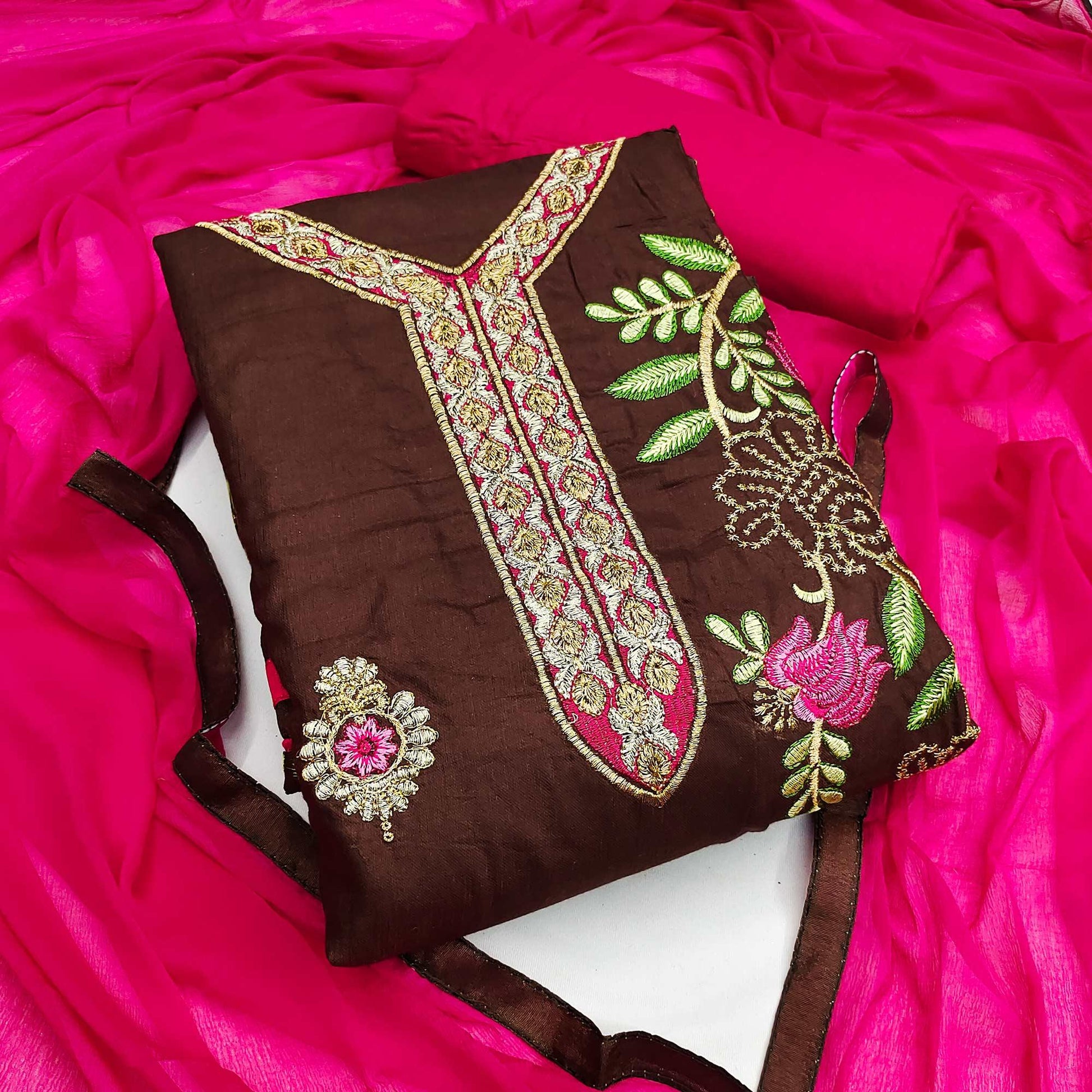 Brown Festive Wear Floral Embroidered Cotton Dress Material