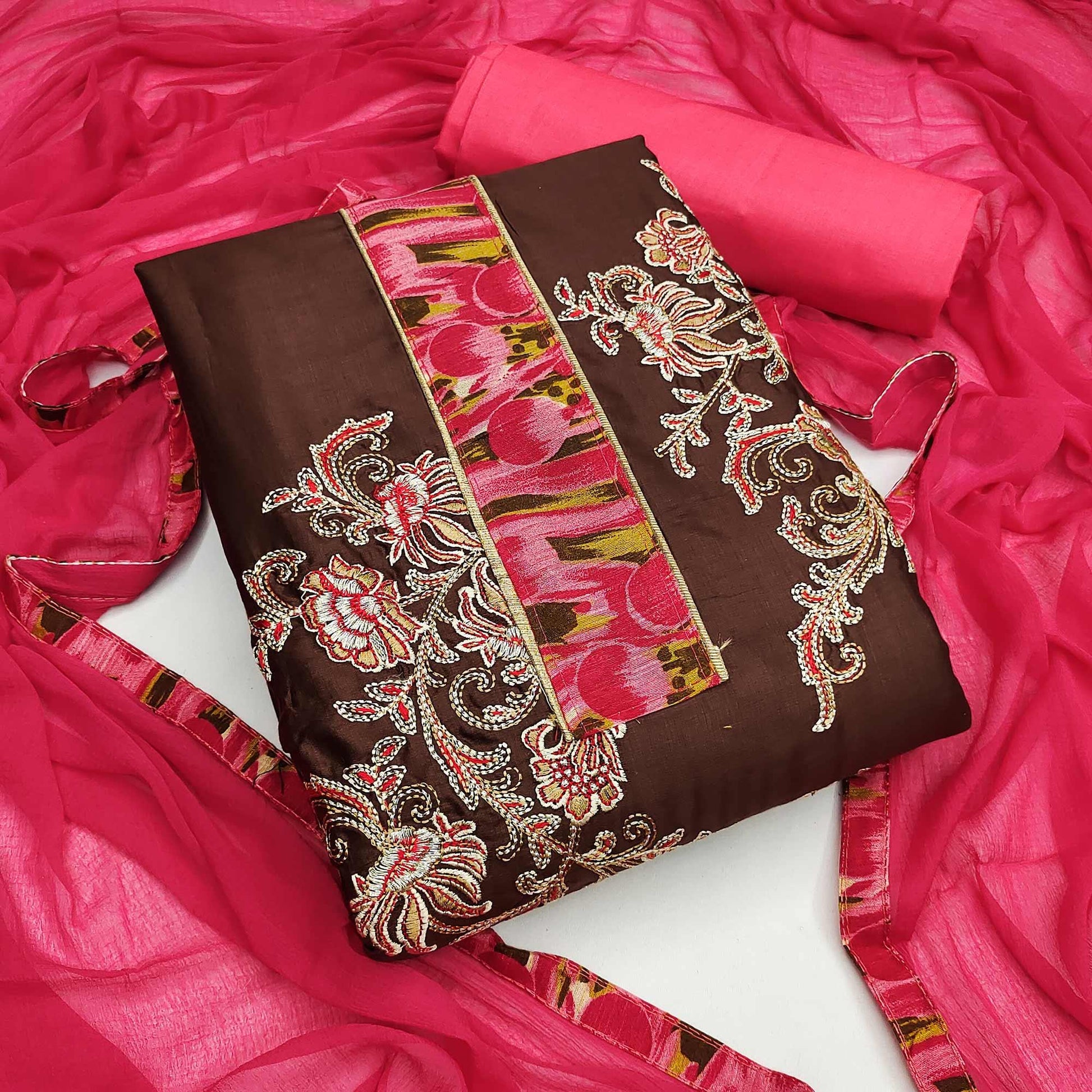 Brown Festive Wear Floral Embroidered Cotton Dress Material