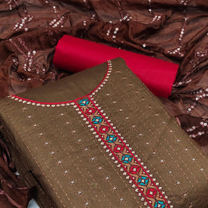 Brown Festive Wear Floral Embroidered Cotton Dress Material
