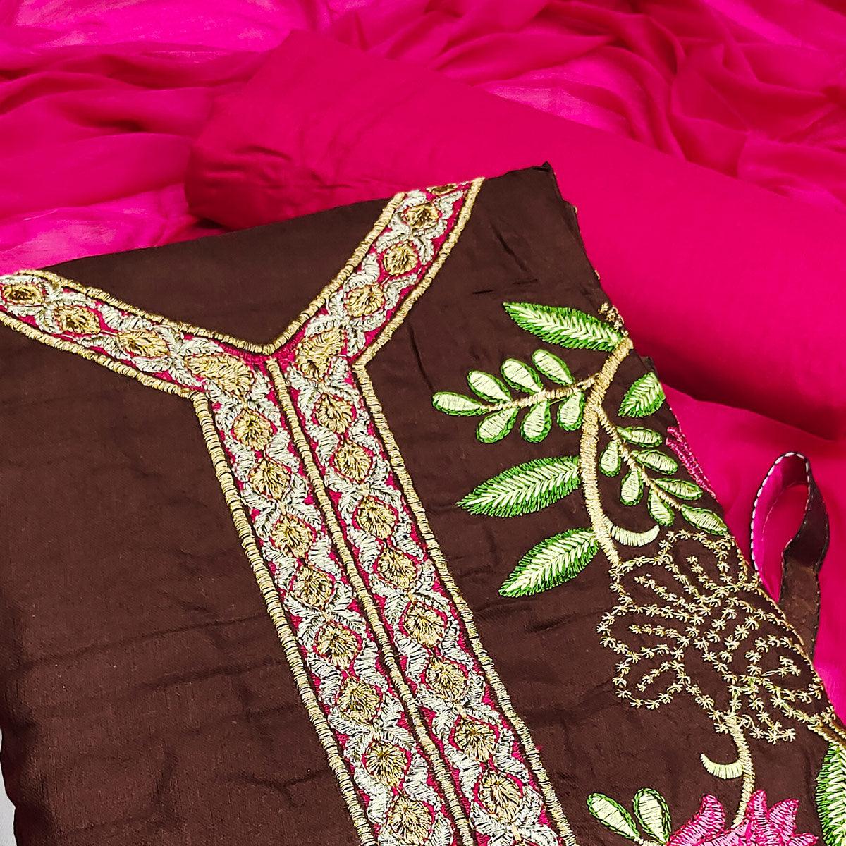 Brown Festive Wear Floral Embroidered Cotton Dress Material