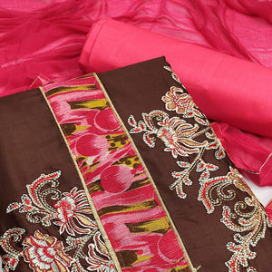 Brown Festive Wear Floral Embroidered Cotton Dress Material
