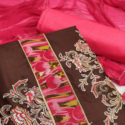 Brown Festive Wear Floral Embroidered Cotton Dress Material