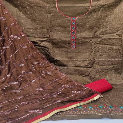Brown Festive Wear Floral Embroidered Cotton Dress Material