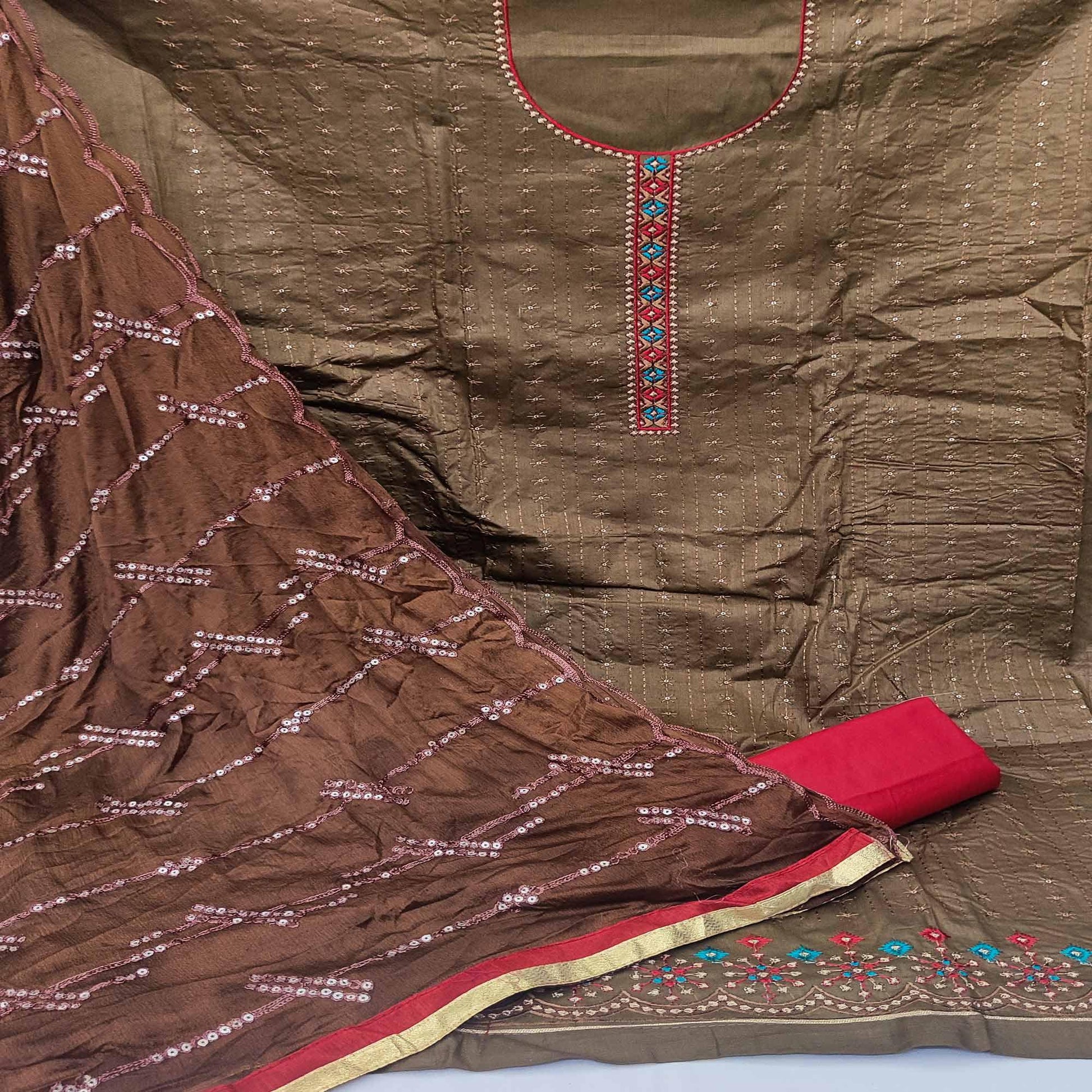 Brown Festive Wear Floral Embroidered Cotton Dress Material
