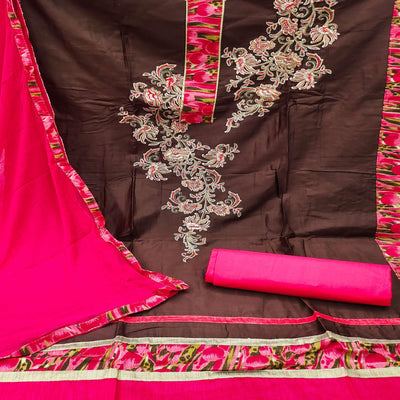 Brown Festive Wear Floral Embroidered Cotton Dress Material