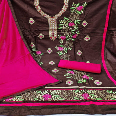 Brown Festive Wear Floral Embroidered Cotton Dress Material