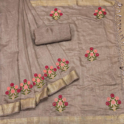 Brown Festive Wear Floral Embroidered With Embellished Cotton Saree