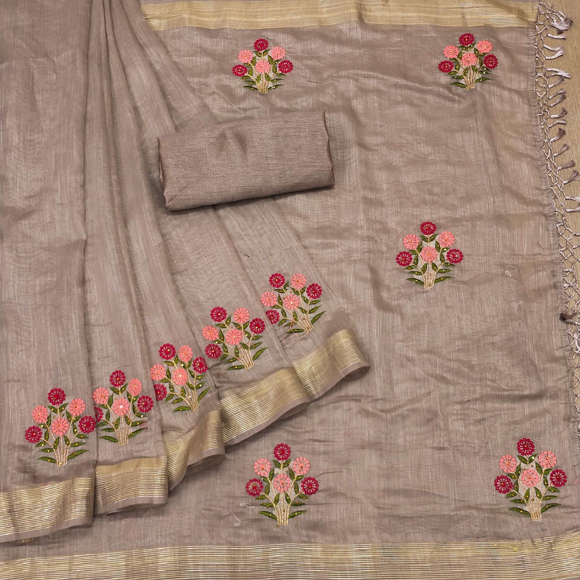 Brown Festive Wear Floral Embroidered With Embellished Cotton Saree