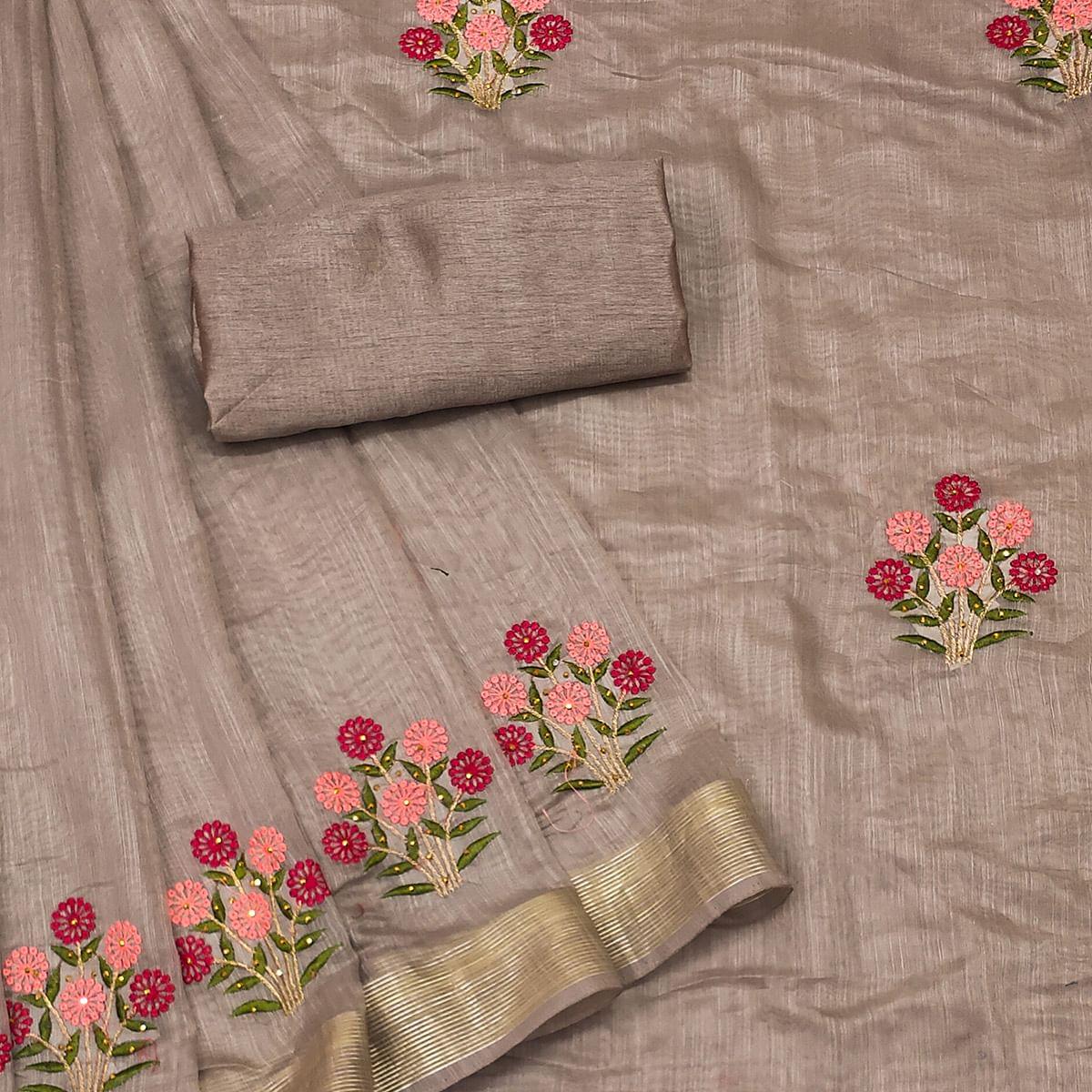 Brown Festive Wear Floral Embroidered With Embellished Cotton Saree