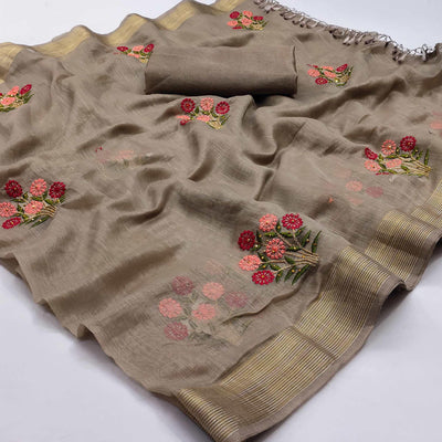 Brown Festive Wear Floral Embroidered With Embellished Cotton Saree