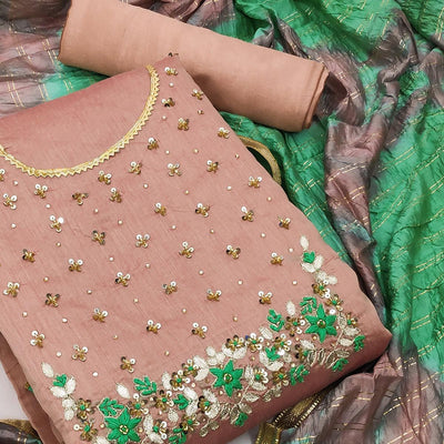 Brown Festive Wear Floral Handwork Modal Chanderi Dress Material