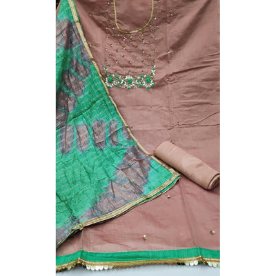 Brown Festive Wear Floral Handwork Modal Chanderi Dress Material