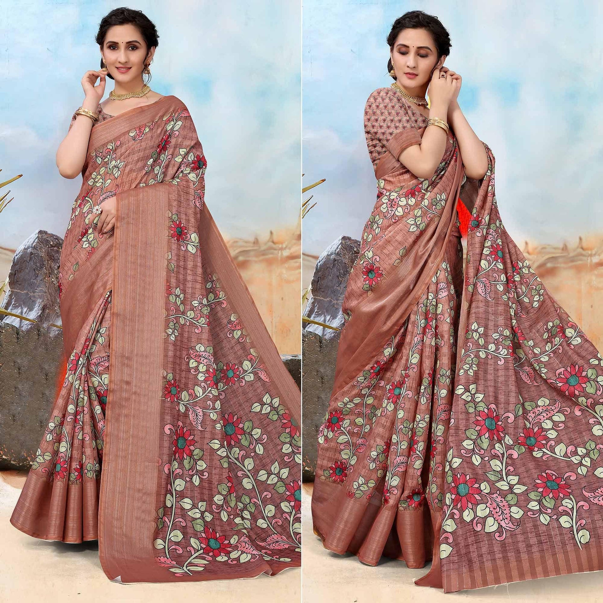 Brown Festive Wear Floral Printed Art Silk Saree