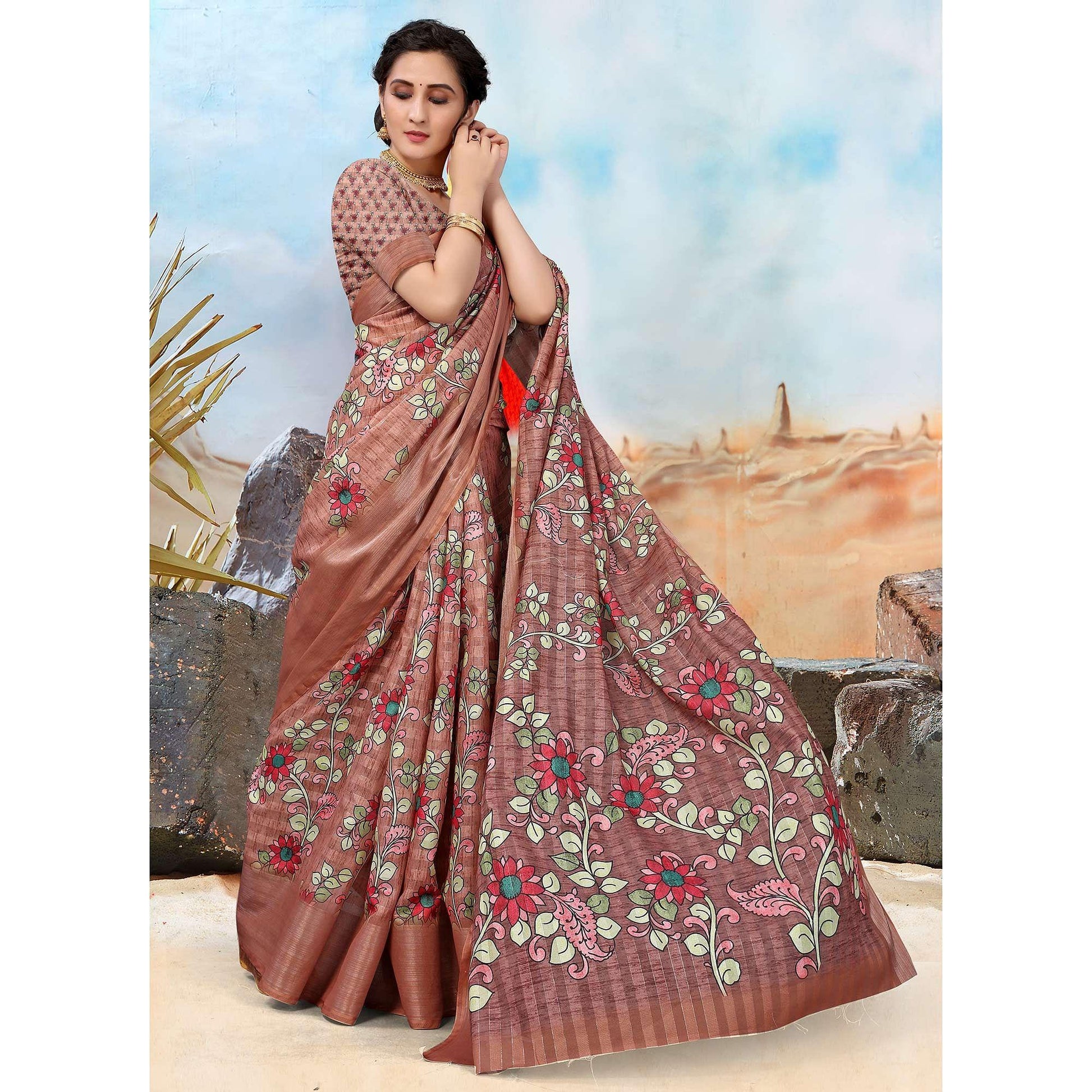 Brown Festive Wear Floral Printed Art Silk Saree