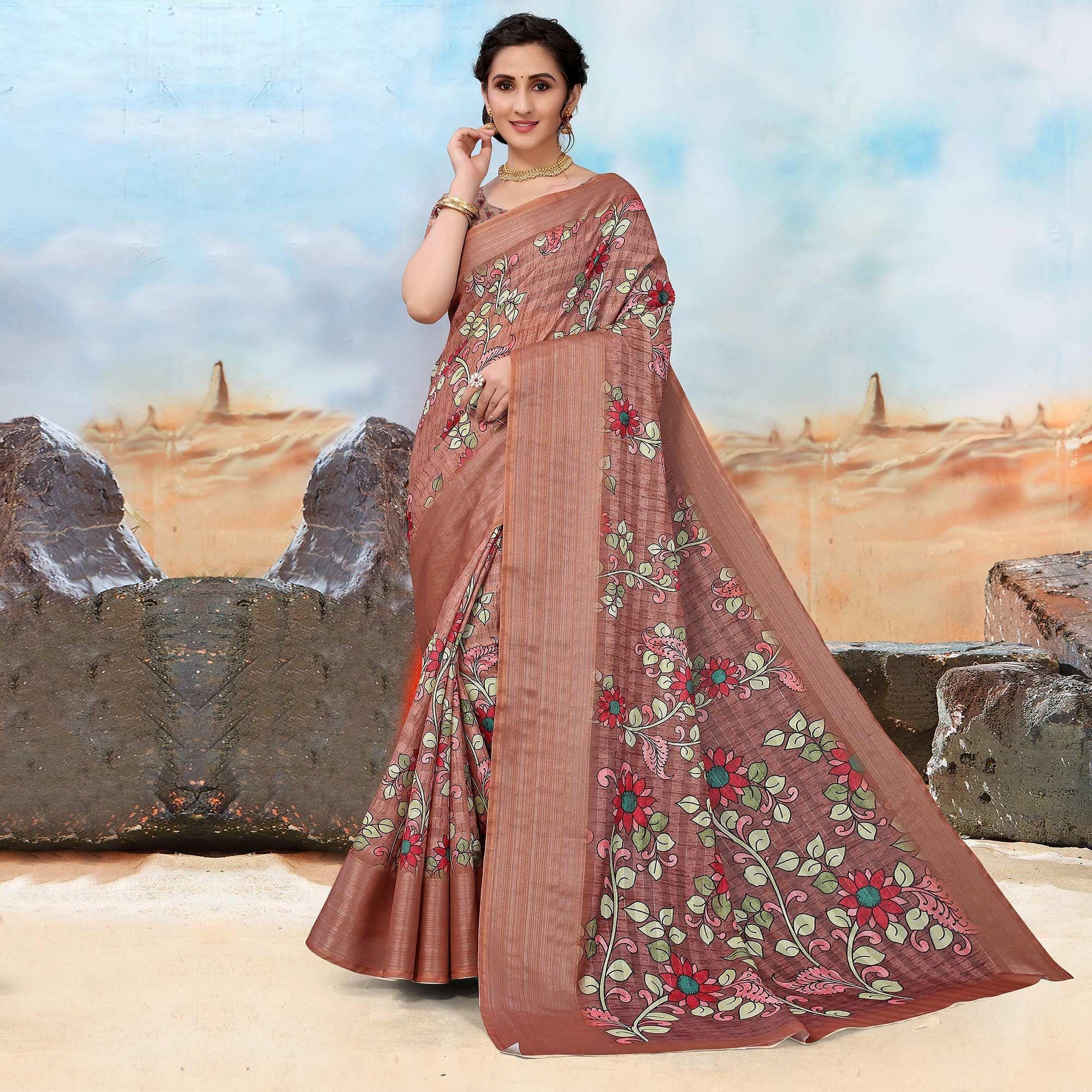 Brown Festive Wear Floral Printed Art Silk Saree