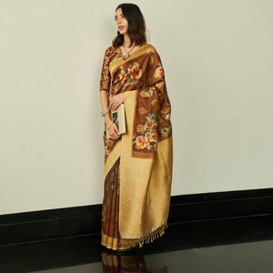 Brown Festive Wear Floral Printed Silk Saree With Woven Border