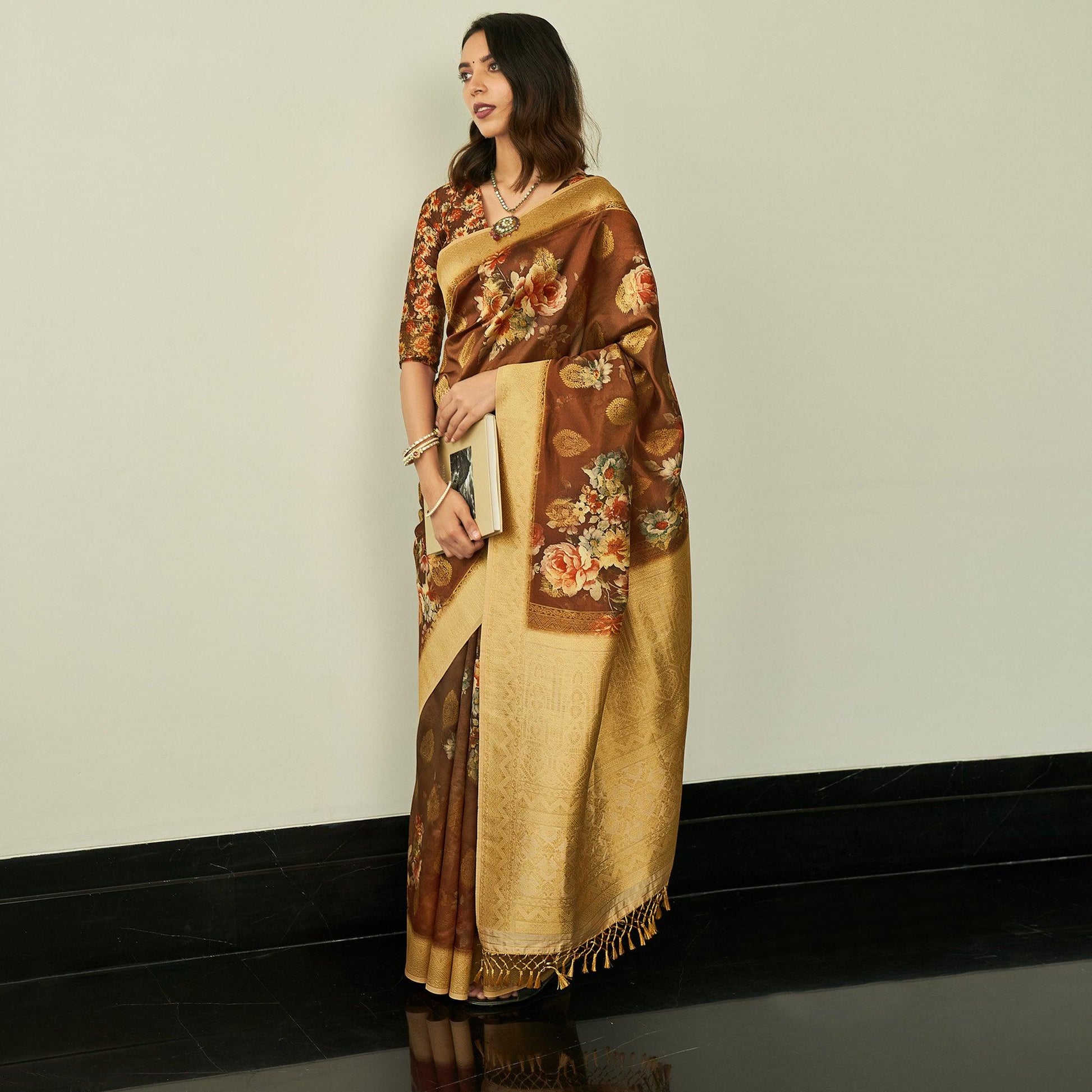 Brown Festive Wear Floral Printed Silk Saree With Woven Border