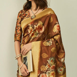Brown Festive Wear Floral Printed Silk Saree With Woven Border