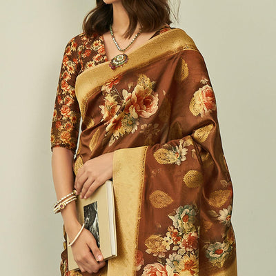 Brown Festive Wear Floral Printed Silk Saree With Woven Border