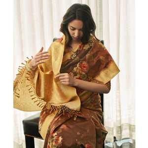 Brown Festive Wear Floral Printed Silk Saree With Woven Border