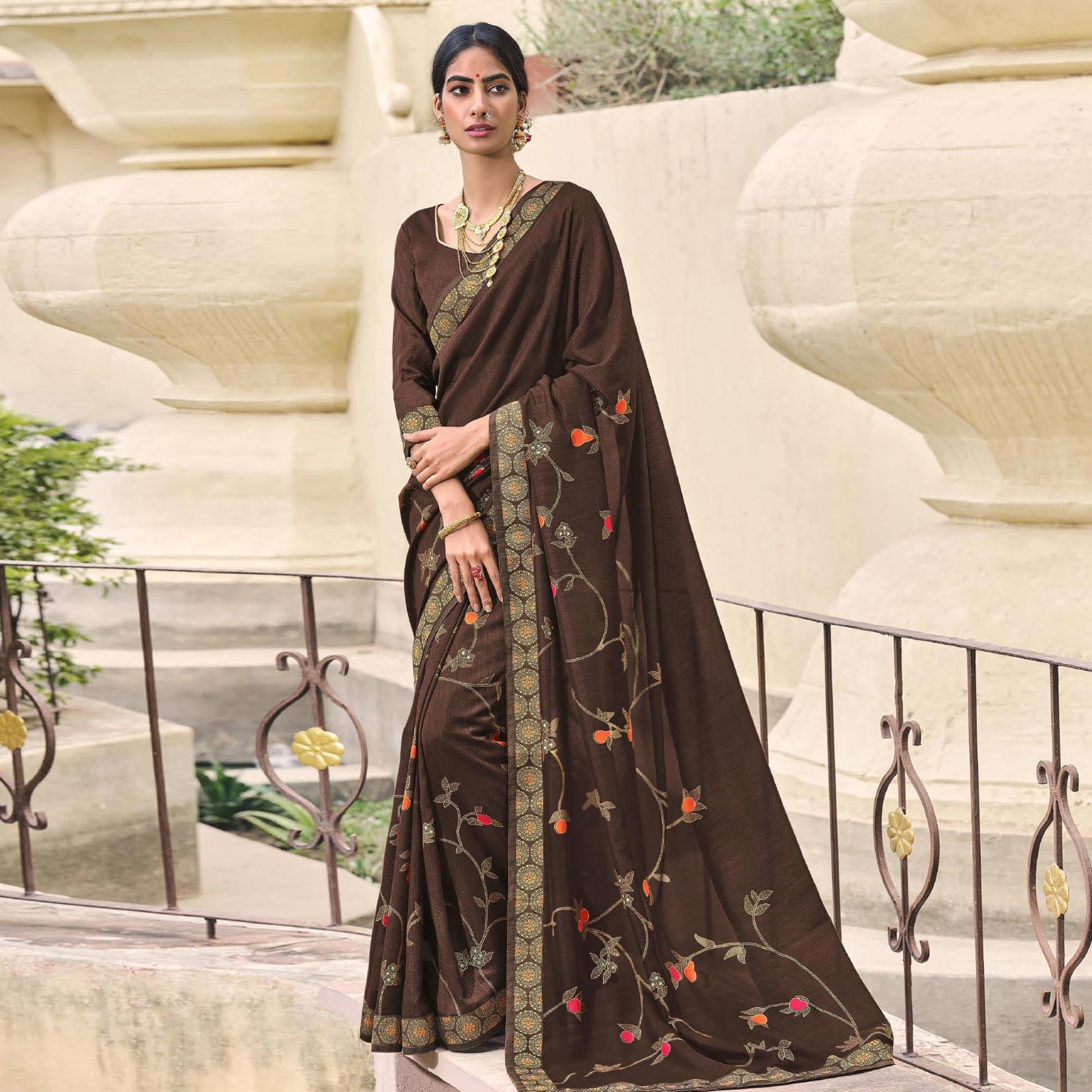 Brown Festive Wear Foil Printed Silk Saree
