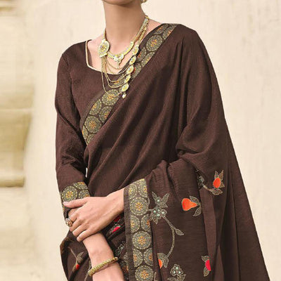 Brown Festive Wear Foil Printed Silk Saree