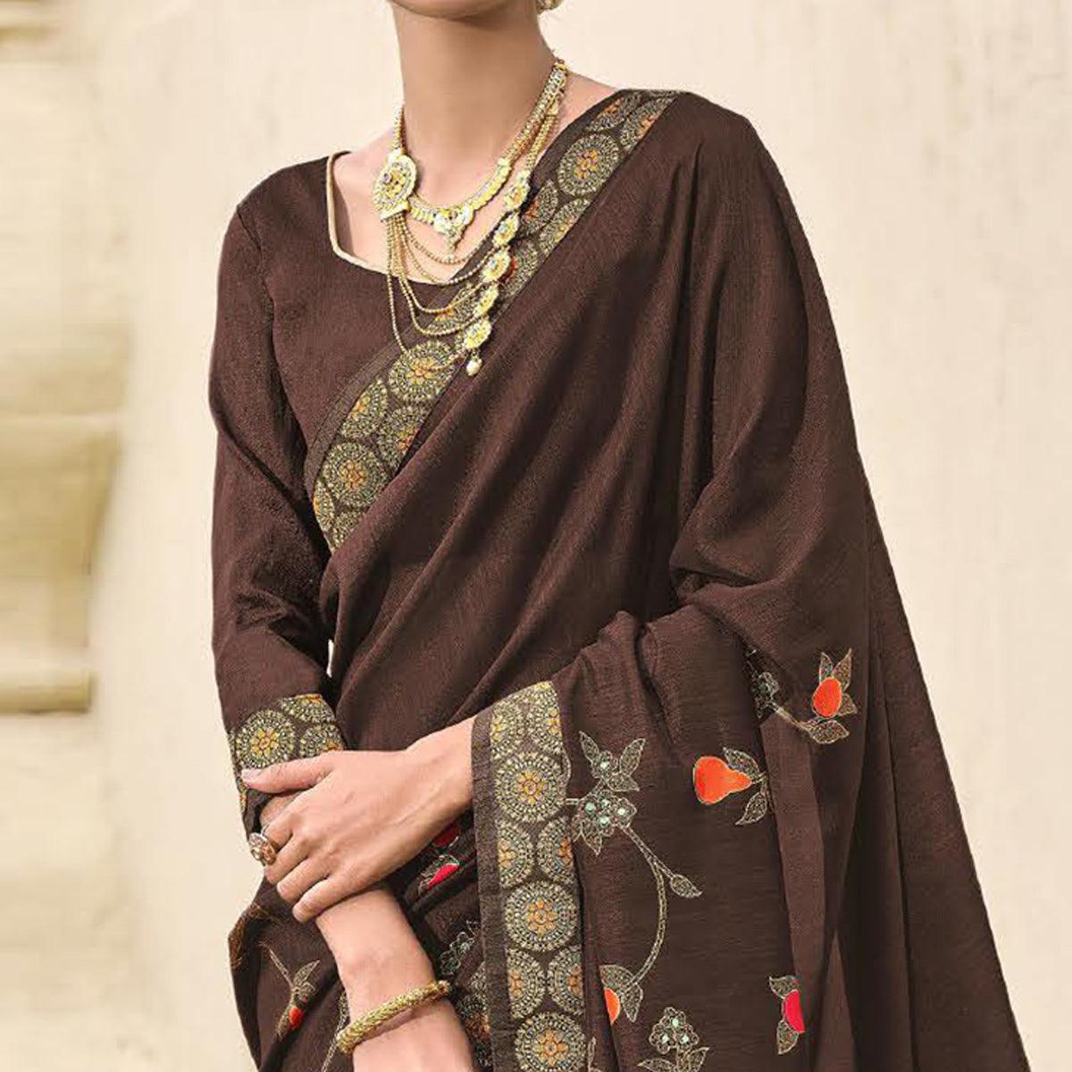 Brown Festive Wear Foil Printed Silk Saree