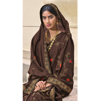 Brown Festive Wear Foil Printed Silk Saree
