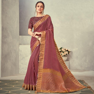 Brown Festive Wear Lace Border Weaved Tissue Saree