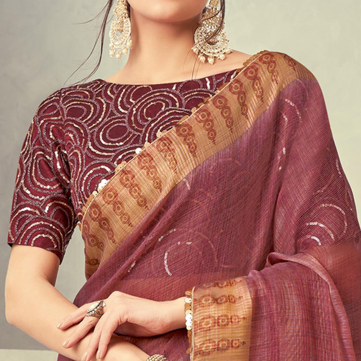 Brown Festive Wear Lace Border Weaved Tissue Saree