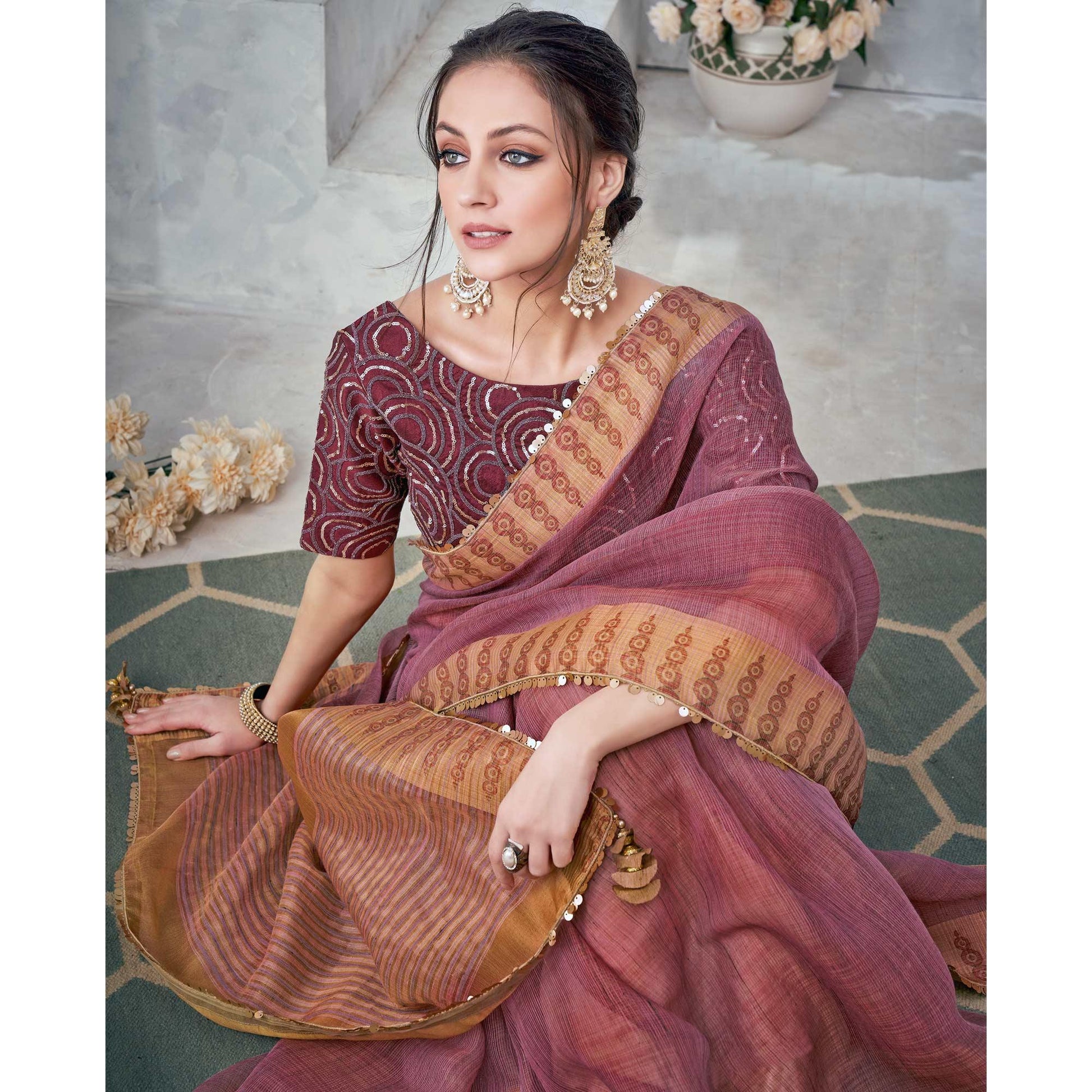 Brown Festive Wear Lace Border Weaved Tissue Saree