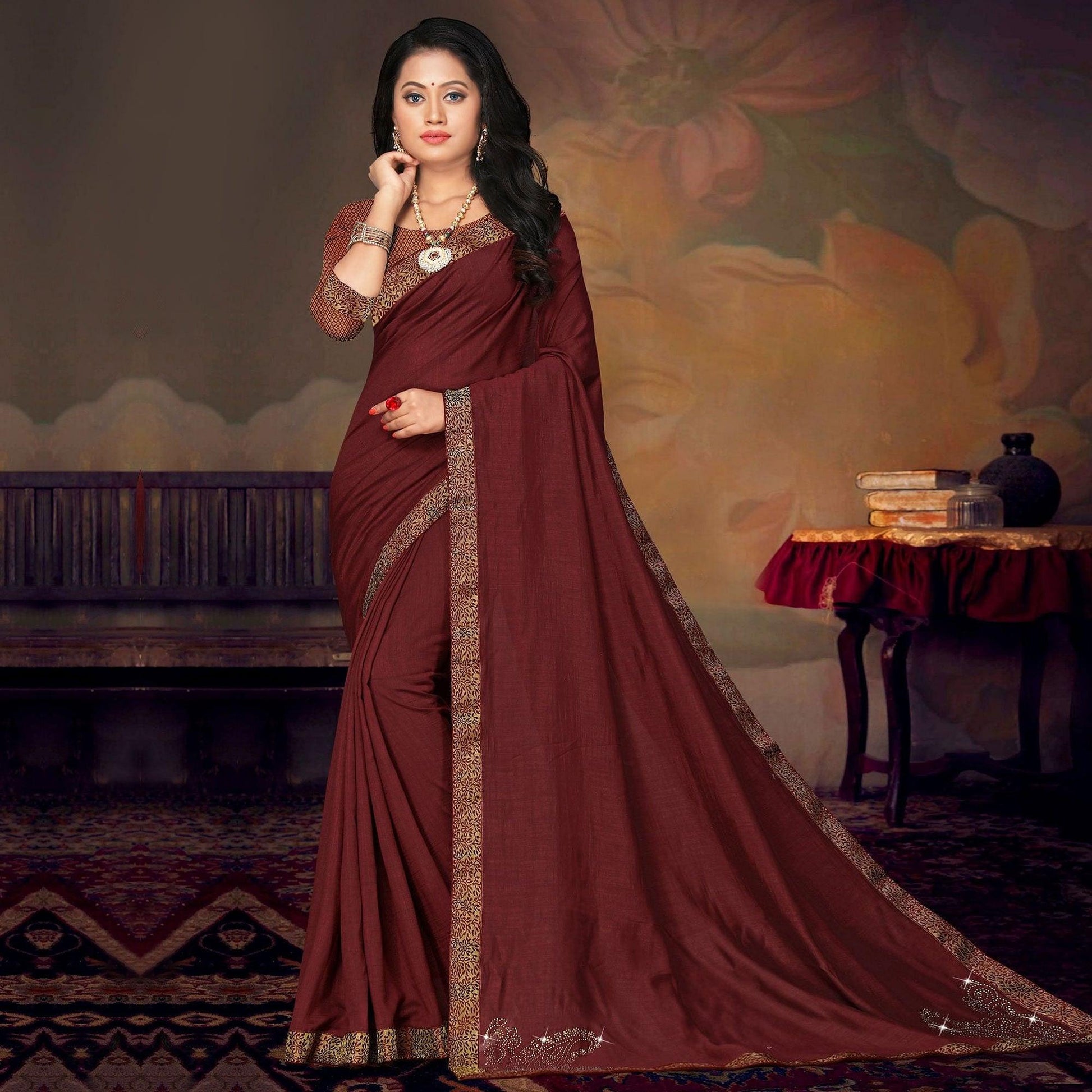 Brown Festive Wear Lace Work Silk Saree