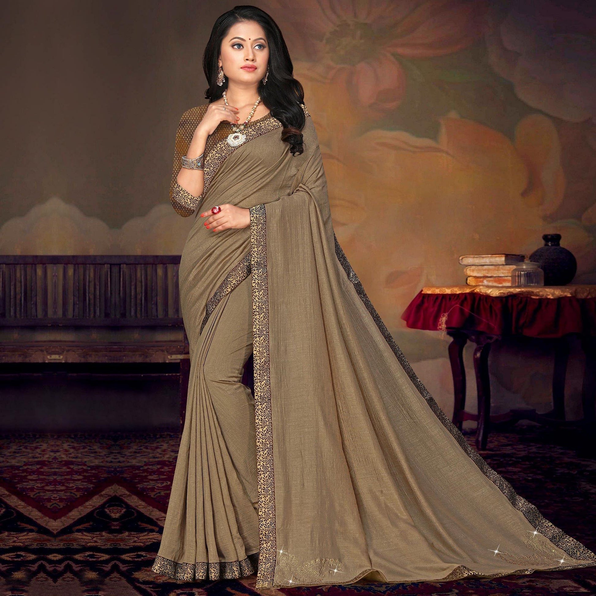 Brown Festive Wear Lace Work Silk Saree