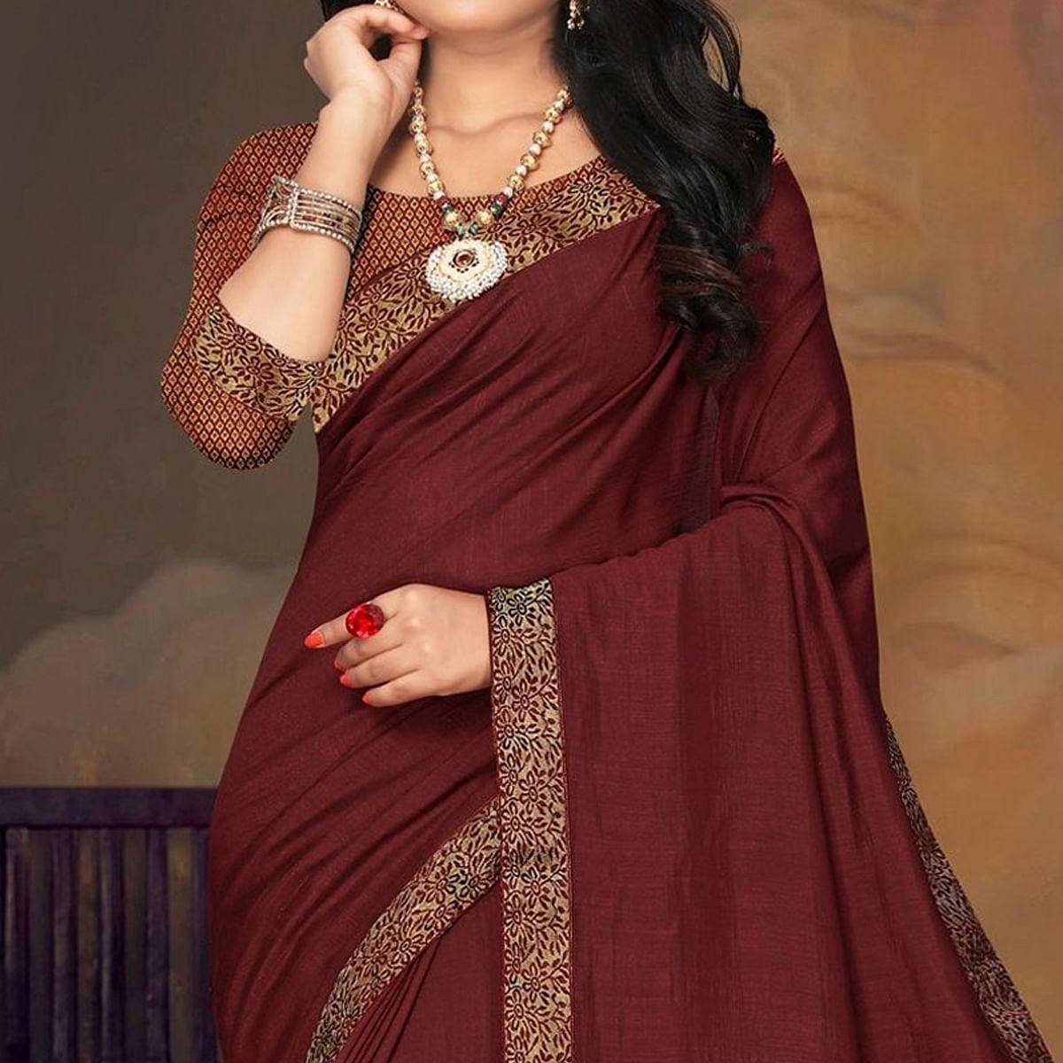 Brown Festive Wear Lace Work Silk Saree