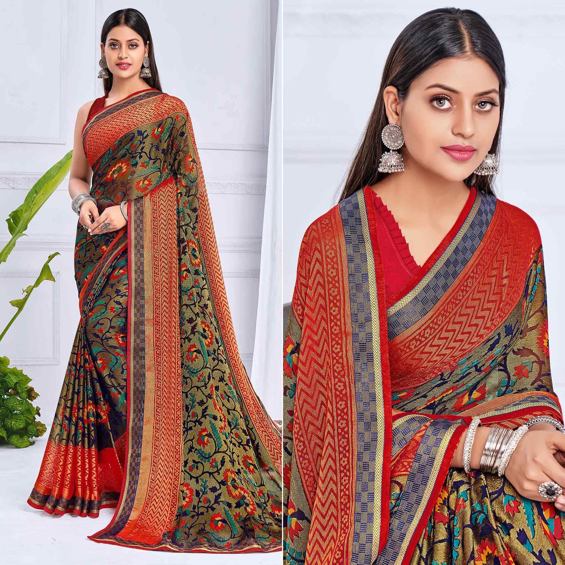 Brown Festive Wear Printed Brasso Saree