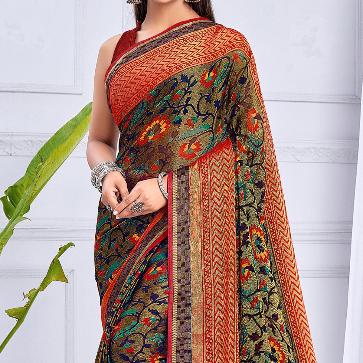 Brown Festive Wear Printed Brasso Saree