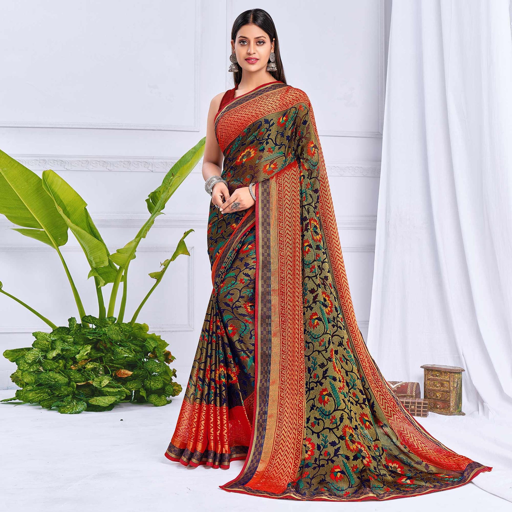 Brown Festive Wear Printed Brasso Saree