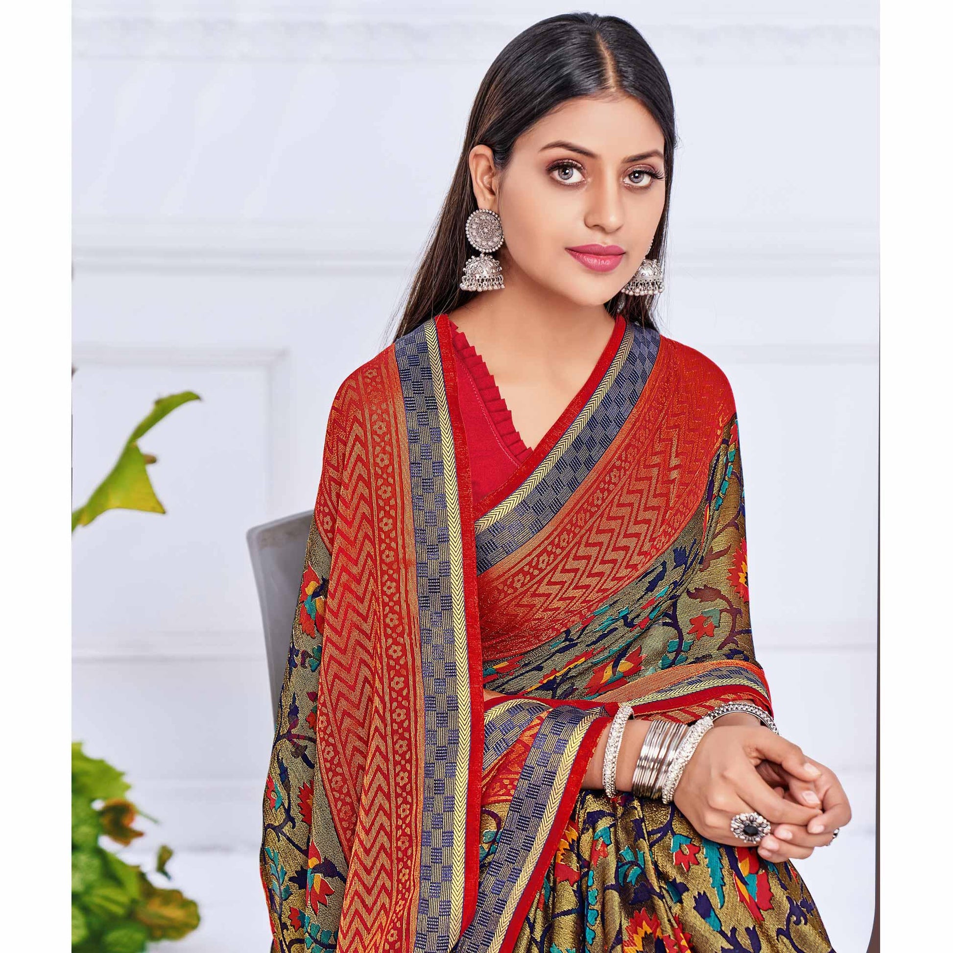 Brown Festive Wear Printed Brasso Saree