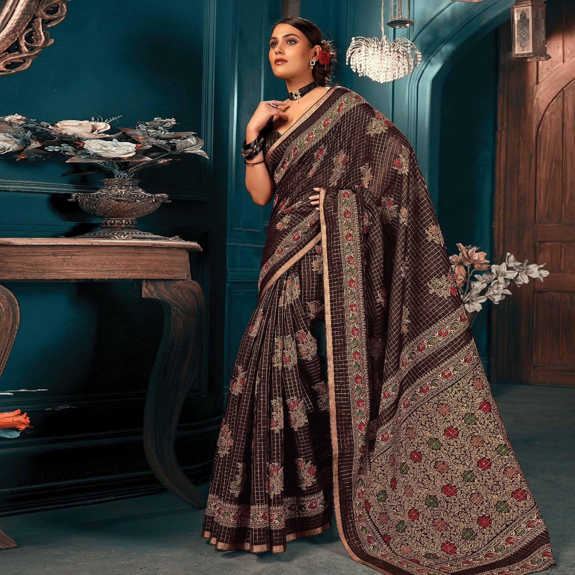 Brown Festive Wear Printed Cotton Saree