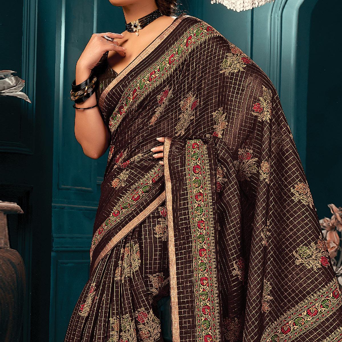 Brown Festive Wear Printed Cotton Saree