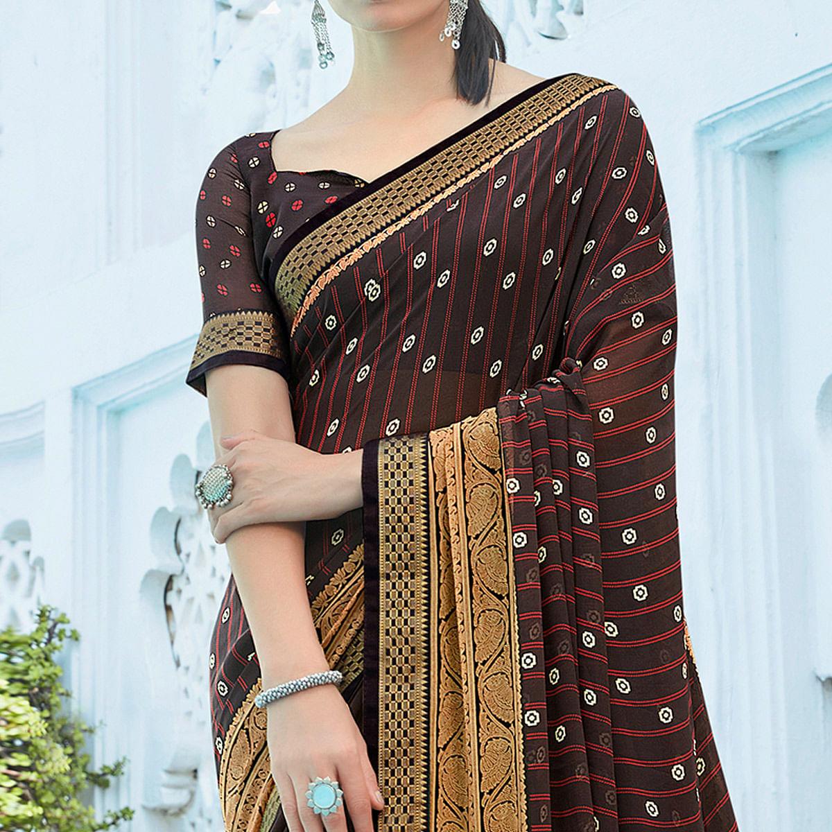 Brown Festive Wear Printed Georgette Saree With Border