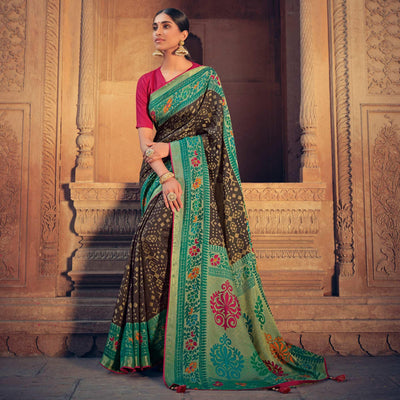Brown Festive Wear Printed Moss Brasso Paithani Silk Saree