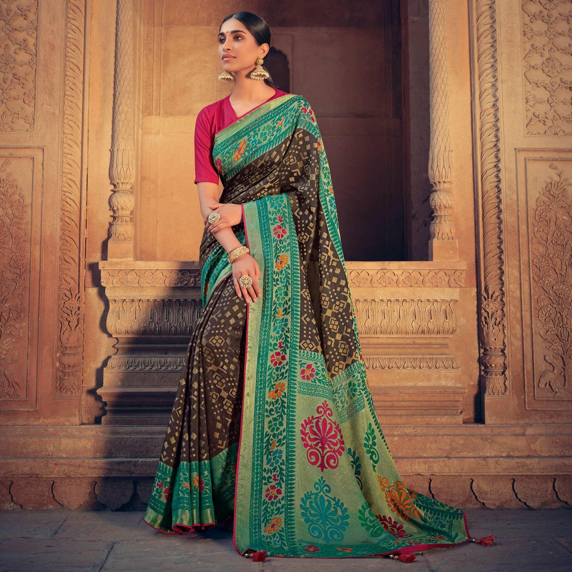Brown Festive Wear Printed Moss Brasso Paithani Silk Saree